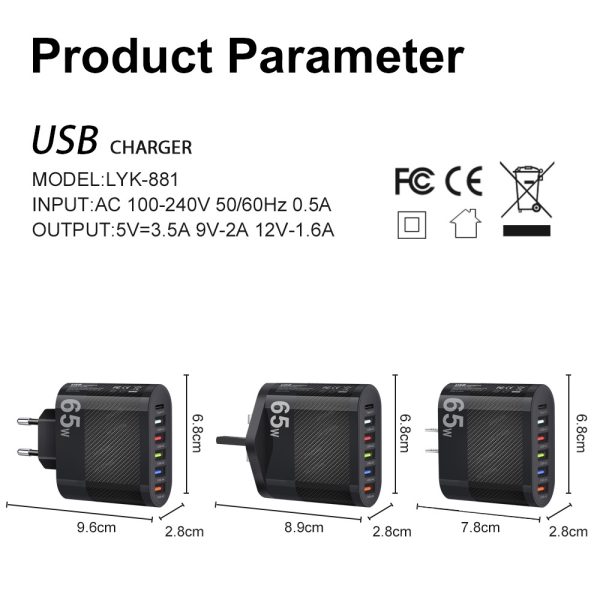 Standard 65W 5USB+Type-C mobile phone charger with multi interface charging head - Image 5