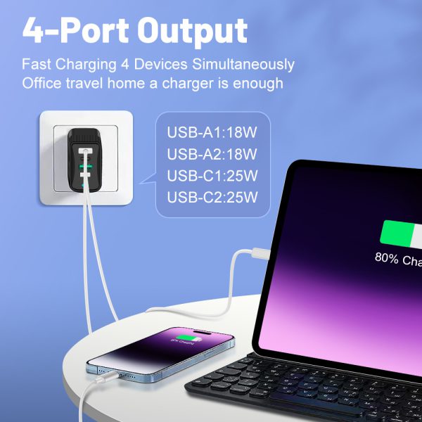 4-in-1 2USB+2PD mobile charger, tablet plug, super fast charging multi port plug - Image 3