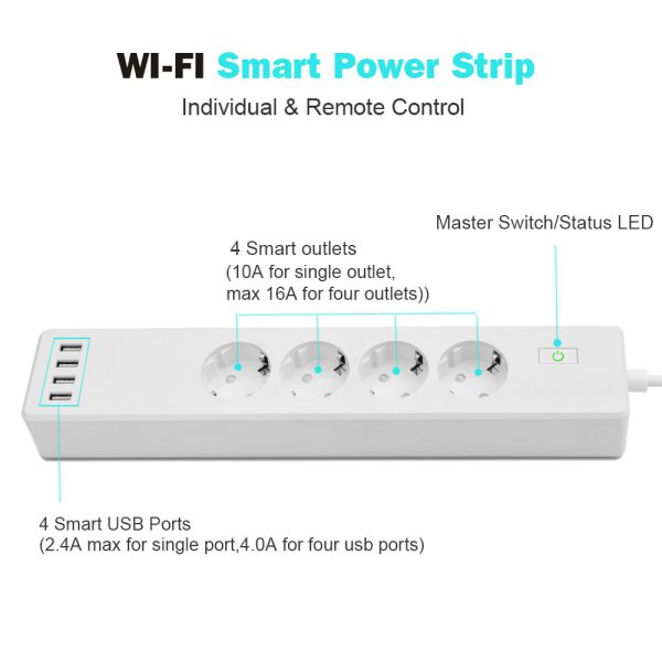 Wifi Smart Power Strip 4 EU Outlets Plug with 4 USBCharging Port Timing App Voice Control Work with Alexa Google Home Assistant - Image 2